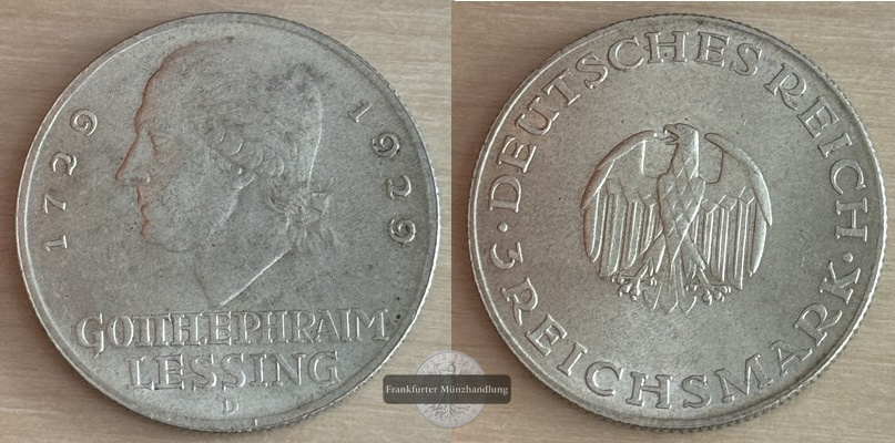  Deutschland.  Weimarer Republik 3 Reichsmark 1929 D Lessing   FM-Frankfurt  Feinsilber: 7,5g   