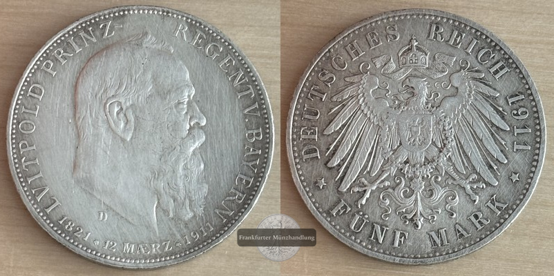  Deutsches Kaiserreich, Bayern  5 Mark  1911 D  FM-Frankfurt Feingewicht: 25g Silber   