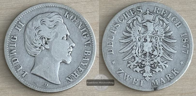  Deutsches Kaiserreich. Bayern, Ludwig II.  2 Mark  1877 D   FM-Frankfurt Feinsilber: 10g   