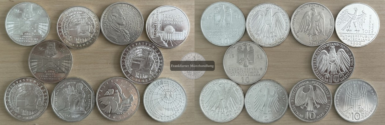  Deutschland 10 x 10 DM  verschiedene 1998-2001 Gedenkmünzen FM-Frankfurt Feinsilber: 143,375g   