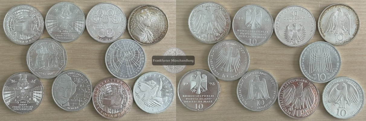  Deutschland 10 x 10 DM  verschiedene 1998-2001 Gedenkmünzen FM-Frankfurt Feinsilber: 143,375g   