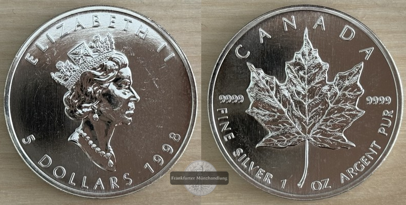  Kanada.  5 Dollar 1998 Maple Leaf   FM-Frankfurt    Feinsilber: 31,1g   