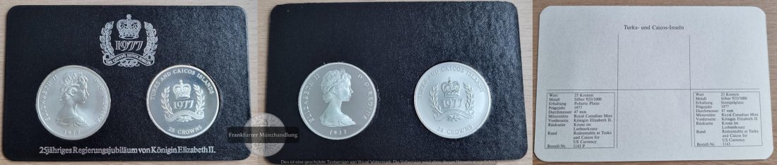  Turks- und Caicosinseln 2 x 25 Crowns 1978  FM-Frankfurt  Feingewicht: 80,35g Silber  vorzüglich   