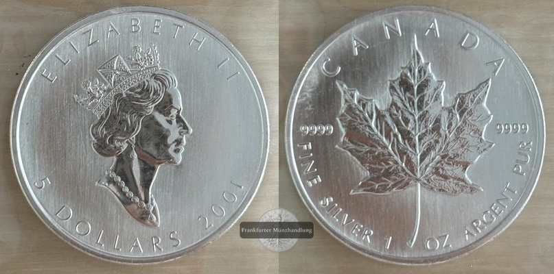  Kanada.  5 Dollar 2001 Maple Leaf   FM-Frankfurt    Feinsilber: 31,1g   