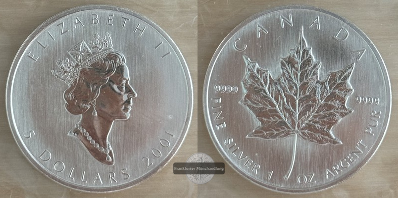  Kanada.  5 Dollar 2001 Maple Leaf   FM-Frankfurt    Feinsilber: 31,1g   