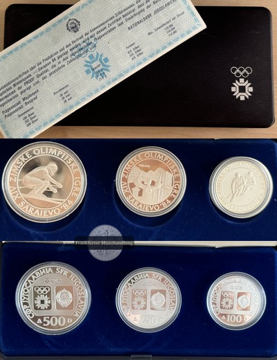  Jugoslawien  500/250/100 Denar  1984 Winter Olympics in Sarajevo  FM-Frankfurt  Feinsilber: 49,025g   
