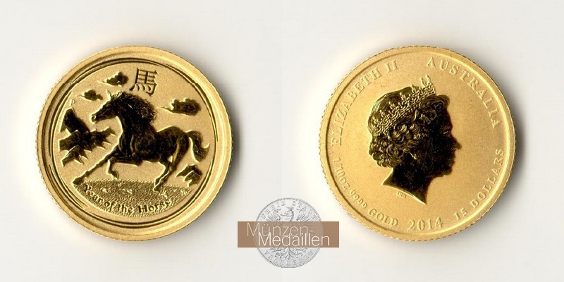 Australien 15 Dollar MM-Frankfurt Feingold: 3,11g Jahr des Pferdes Lunar II 2014 