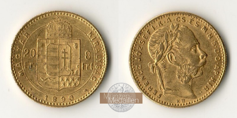 Ungarn, Königreich 1867-1918 MM-Frankfurt Feingewicht 5,81g 8 Forint 1890 KB 