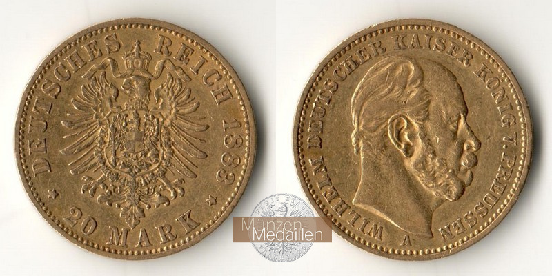 Deutsches Kaiserreich. Preussen MM-Frankfurt Feingold: 7,17g Wilhelm I. 20 Mark 1883 A 