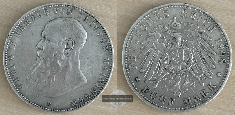  Sachsen, Kaiserreich  5 Mark  1908 D  Georg II  FM-Frankfurt  Feinsilber: 25g   