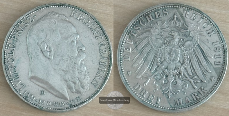  Deutsches Kaiserreich. Bayern,  3 Mark  1911 D   FM-Frankfurt   Feinsilber: 15g   
