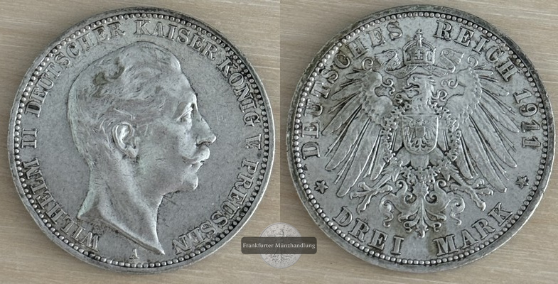  Deutsches Kaiserreich. Preussen, Wilhelm II. 3 Mark 1911 A  FM-Frankfurt Feinsilber: 15g   