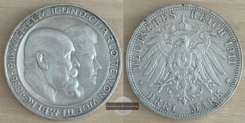  Dt. Kaiserreich. Württemberg, Wilhelm II. 3 Mark 1911 F Silb. Hochzeit FM-Frankfurt  Feinsilber: 15g   