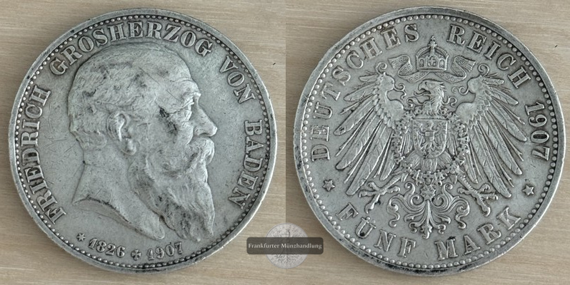  Deutsches Kaiserreich, Württemberg  5 Mark  1907 F  FM-Frankfurt Feingewicht: 25g Silber   