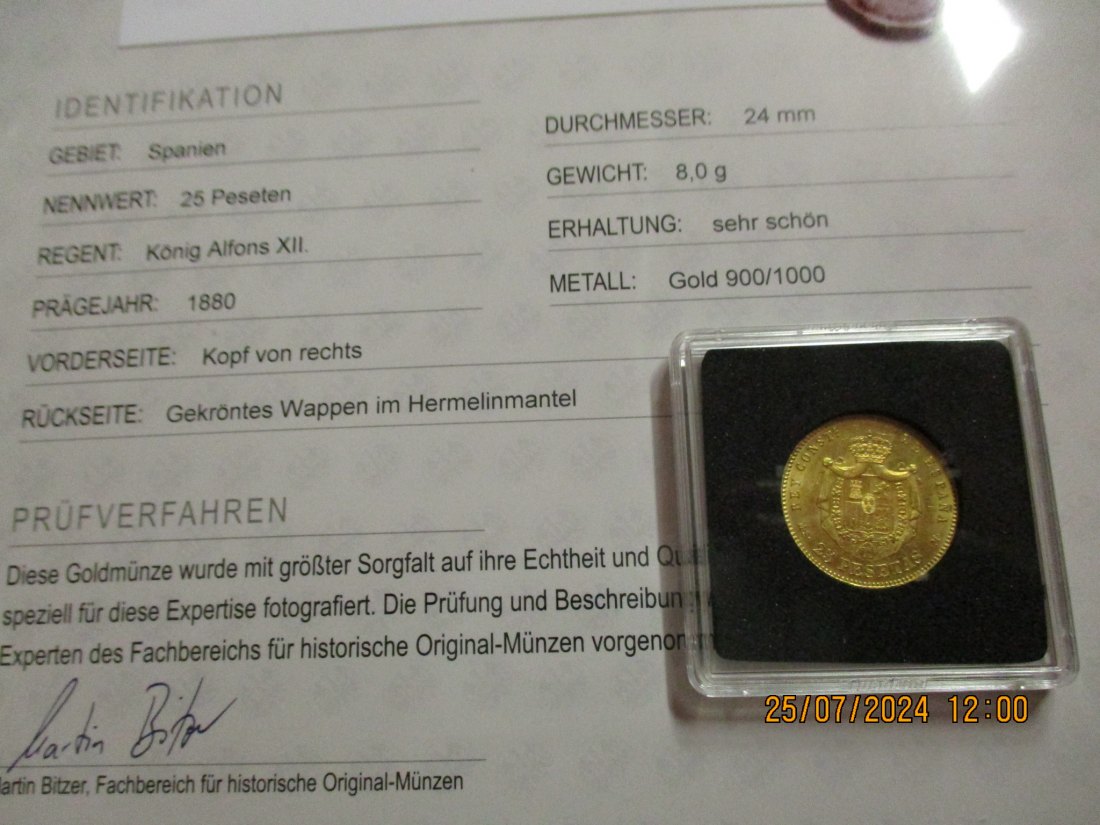  25 Peseten Spanien 1880 Gold - Münze 900er mit Expertise siehe Foto   