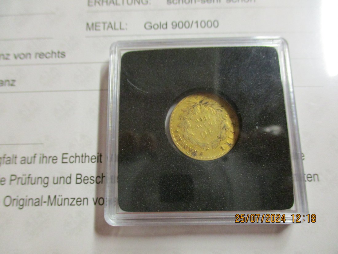  10 Francs Frankreich 1860 Gold - Münze 900er mit Expertise siehe Foto   
