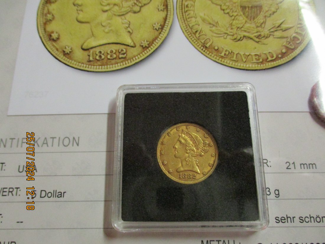  5 Dollars USA 1882 Gold - Münze 900er mit Expertise siehe Foto   