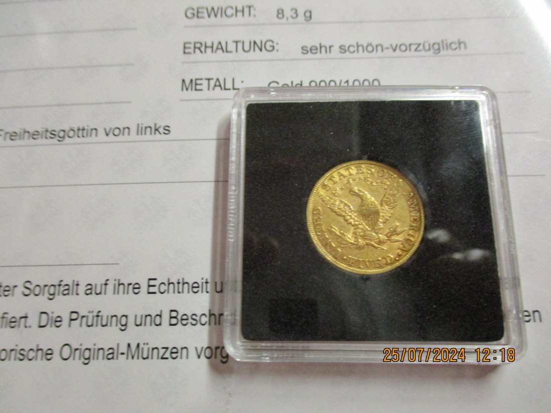  5 Dollars USA 1882 Gold - Münze 900er mit Expertise siehe Foto   