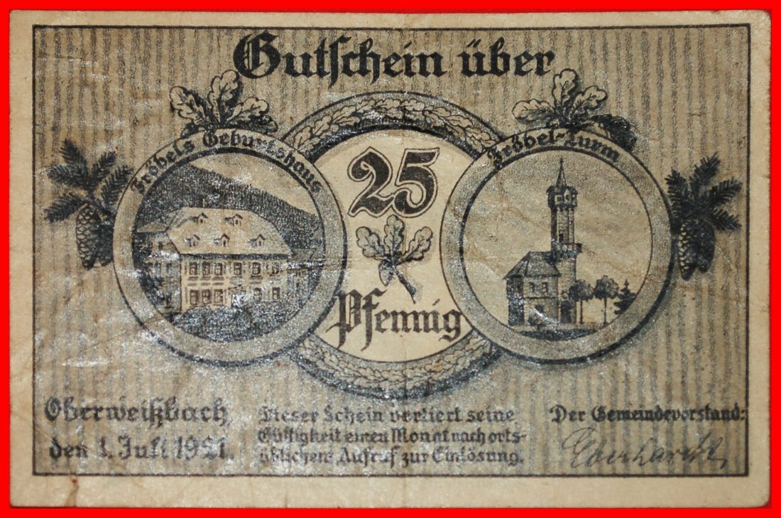  * THÜRINGEN: DEUTSCHLAND OBERWEISSBACH ★ 25 PFENNIG 1921 SAALFELD FROEBEL (1782-1852)★OHNE VORBEHALT   