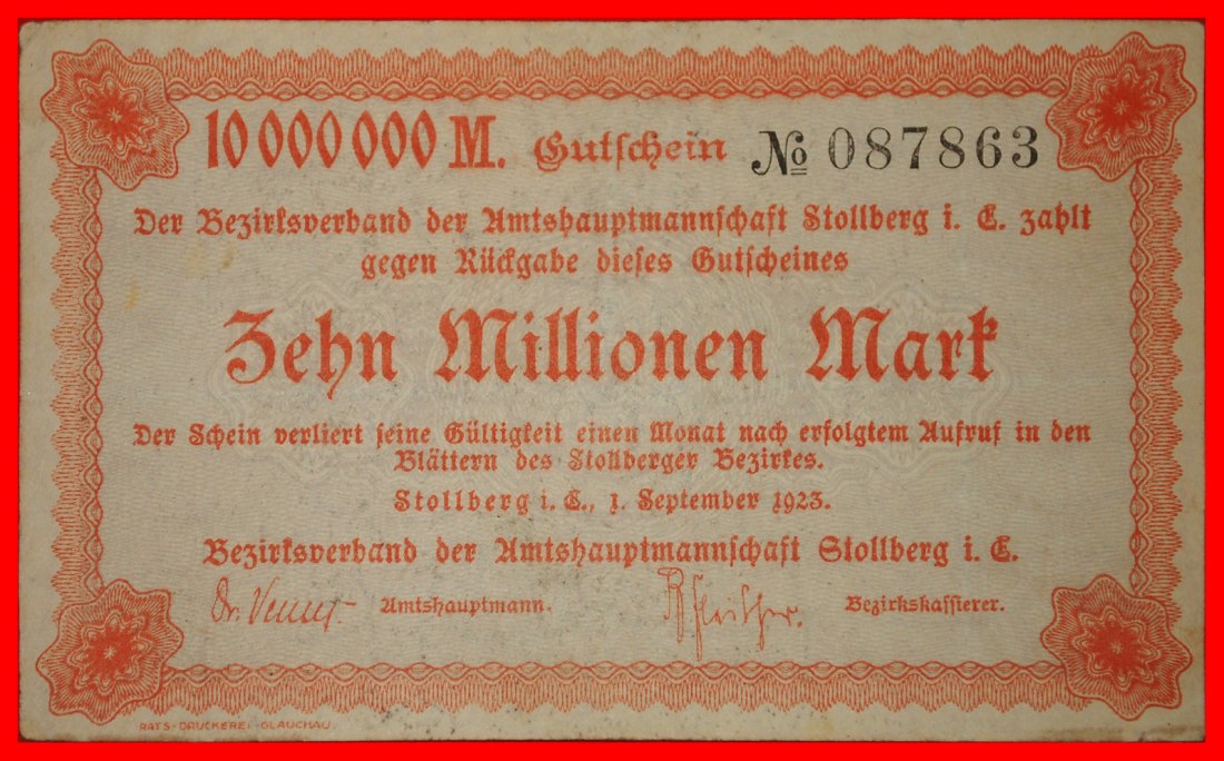  * SAXONY: GERMANY STOLLBERG ★ 10000000 MARKS 1923 CRISP GLAUCHAU!★LOW START ★ NO RESERVE!   