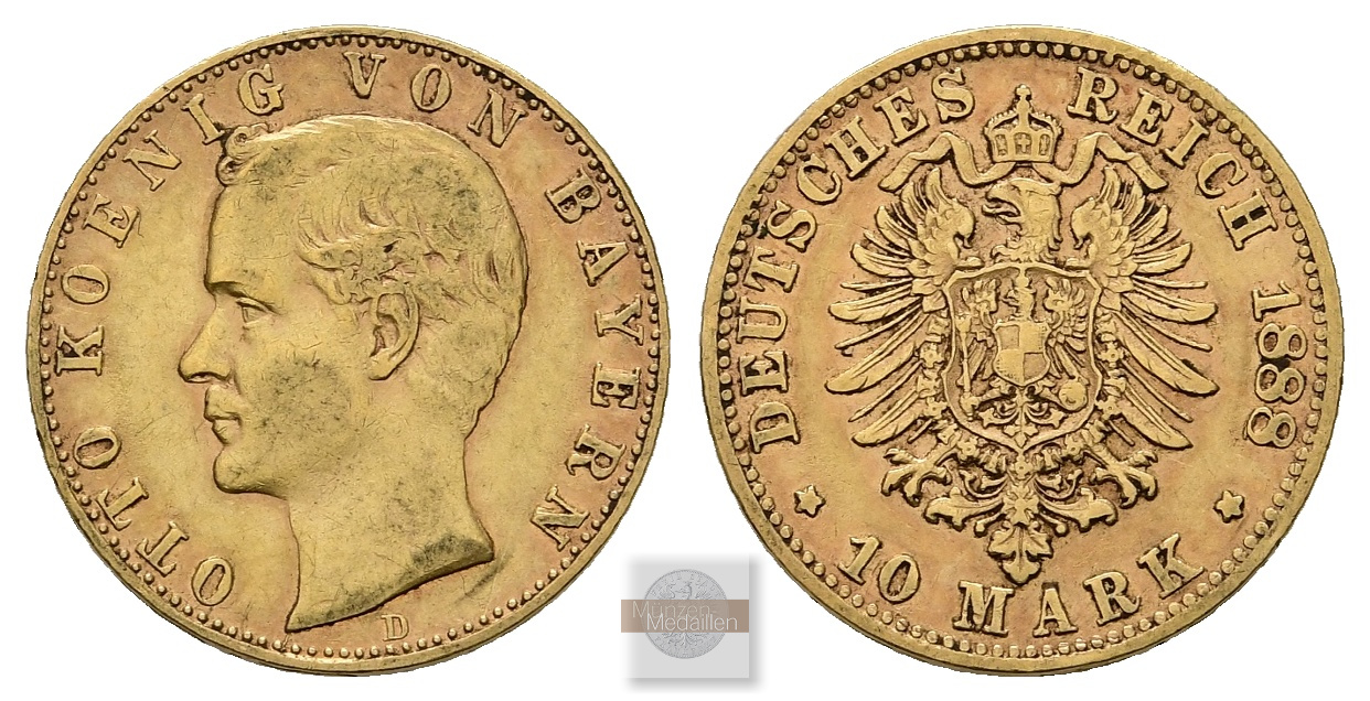 Deutsches Kaiserreich, Bayern. MM-Frankfurt Feingold: 3,58g 10 Mark 1888 D  