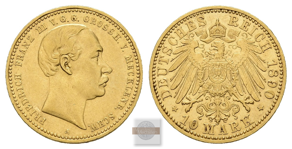 Deutsches Kaiserreich, Mecklenburg-Schw. MM-Frankfurt Feingold: 3,58g 10 Mark 1890 A  