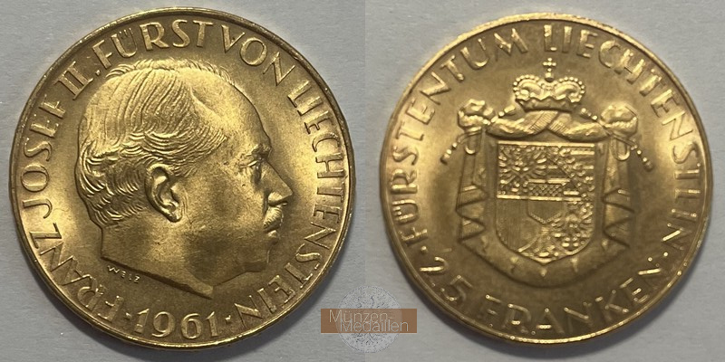 Liechtenstein MM-Frankfurt Feingewicht: 5,085g Gold 25 Franken Fürst Franz Josef II 1961 