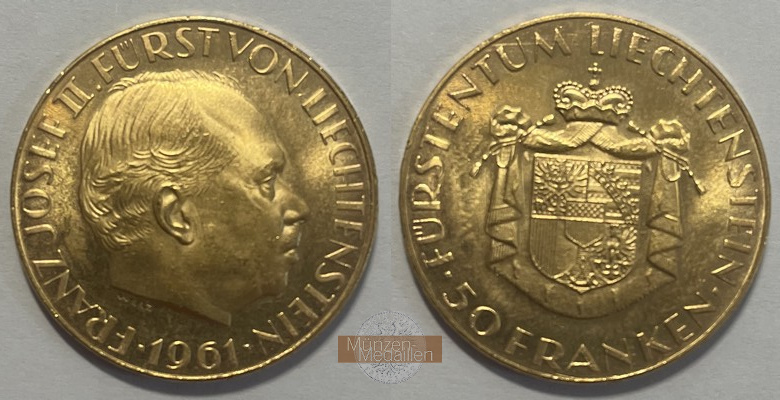 Liechtenstein MM-Frankfurt Feingewicht: 10,16g Gold 50 Franken Fürst Franz Josef II 1961 