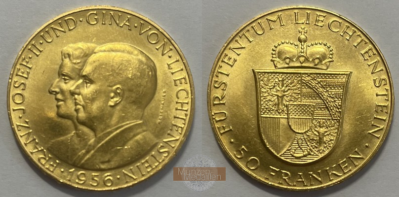 Liechtenstein MM-Frankfurt Feingold: 10,16g 50 Franken 1956 