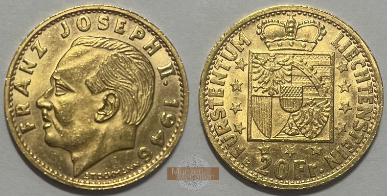 Liechtenstein MM-Frankfurt Feingewicht: 5,81g Gold 20 Franken 1946 