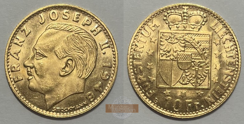 Liechtenstein MM-Frankfurt Feingewicht: 2,907g Gold 10 Franken 1946 