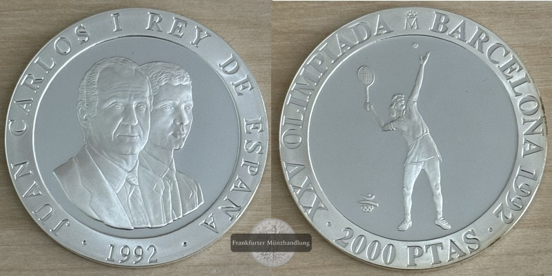  Spanien 2000 Peseten XXV. Olympische Sommerspiele 1992(Tennis)  FM-Frankfurt   Feinsilber: 24,975g   
