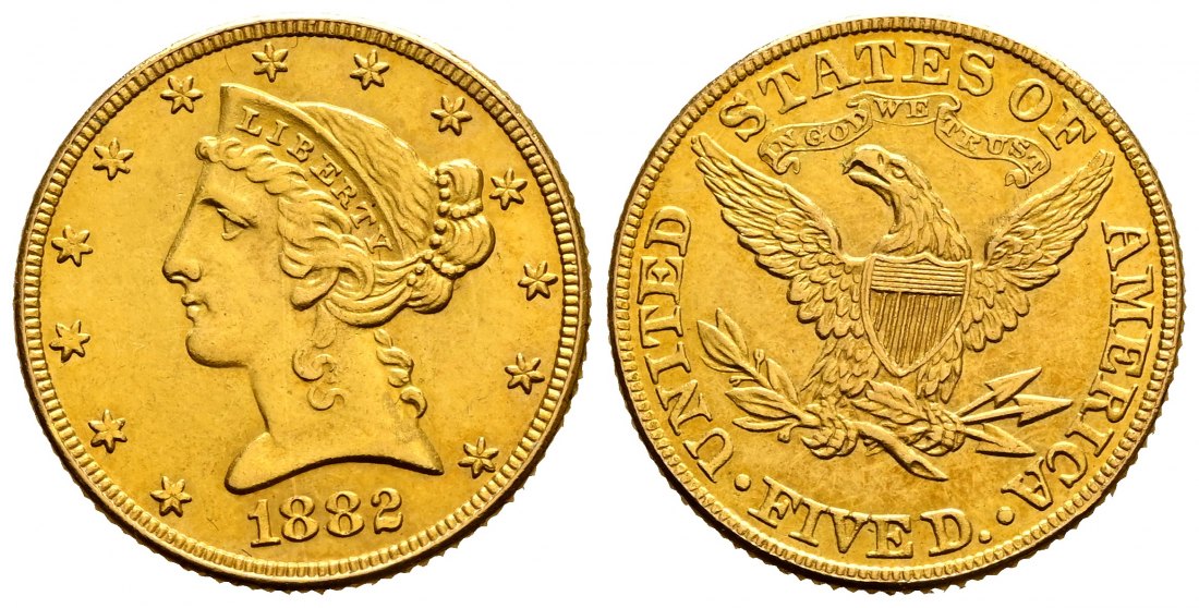 PEUS 2004 USA 7,52 g Feingold. Coronet Head 5 Dollars GOLD 1882 Sehr schön