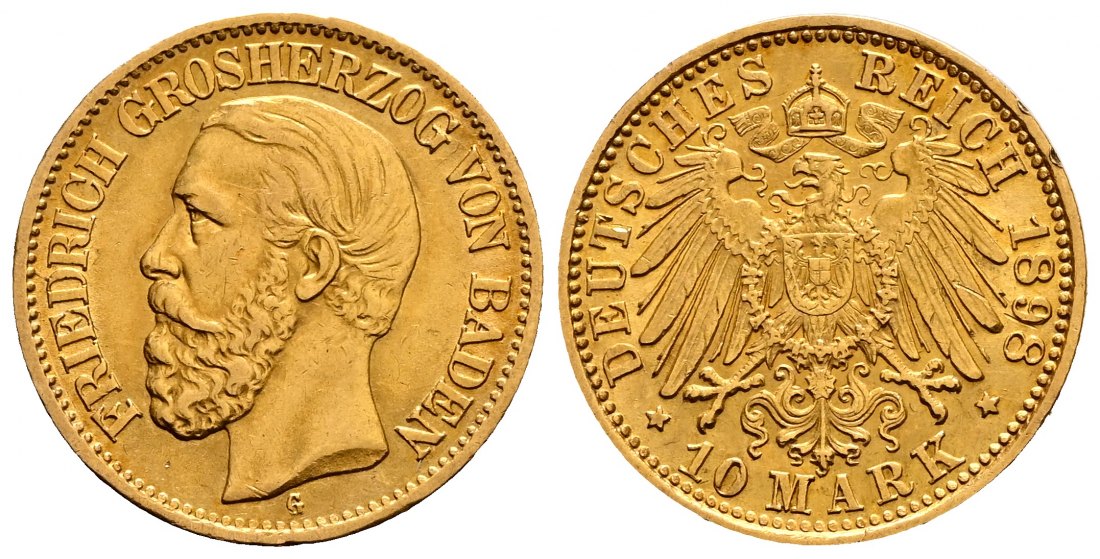 PEUS 2007 Kaiserreich - Baden 3,58 g Feingold. Friedrich I. (1852 - 1907) 10 Mark GOLD 1898 G Sehr schön +