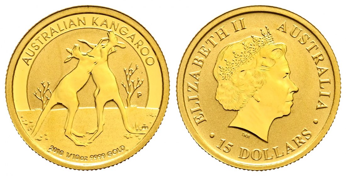 PEUS 2010 Australien 3,11 g Feingold. Zwei kämpfende Kängurus 15 Dollars GOLD 1/10 Unze 2010P Uncirculated (Kapsel)