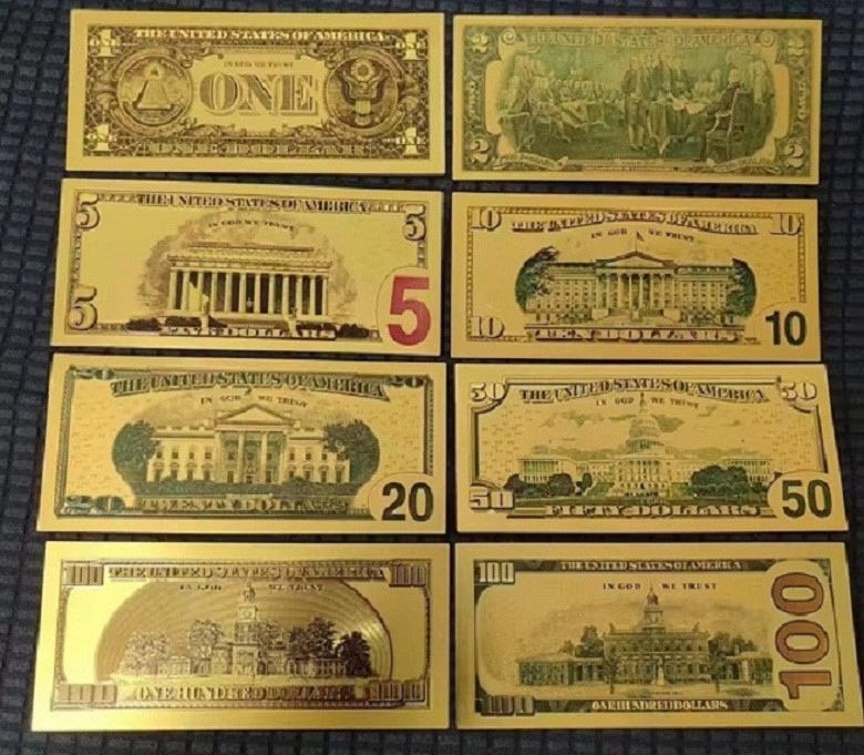  1-100 Dollar USA Banknoten-Satz mit 8 Scheinen auf Goldfolie für Sammler   