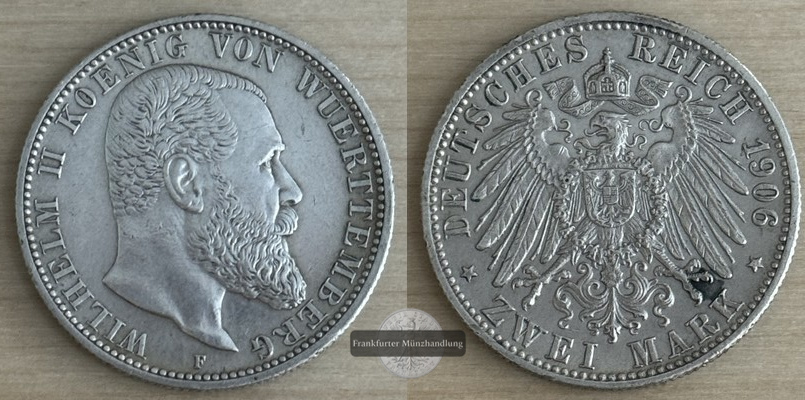  Deutsches Kaiserreich. Württemberg, Wilhelm II  2 Mark 1906  F  FM-Frankfurt Feinsilber: 10g   