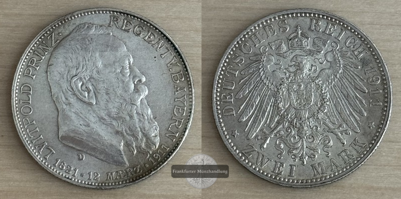  Deutsches Kaiserreich. Bayern, Luitpold  2 Mark  1911 D   FM-Frankfurt Feinsilber: 10g   