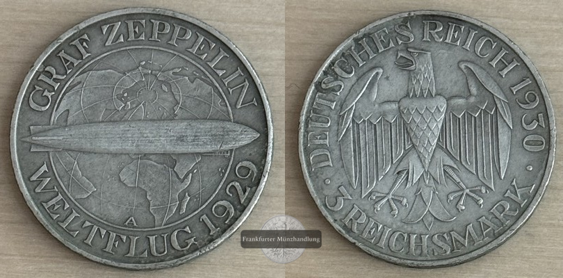  BRD, Weimarer Republik 3 Reichsmark  1930 A  Weltflug Graf Zeppelin  FM-Frankfurt Feinsilber: 7,5g   