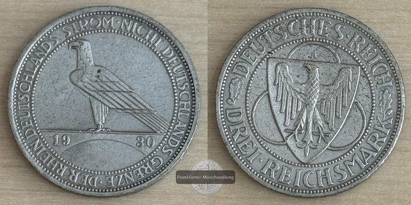 Deutschland, Weimarer Republik 3 Reichsmark 1930 A Rheinland-Räumung FM-Frankfurt Feinsilber:7,5g   