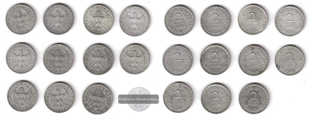  LOT 11 x Deutsches Reich 2 Reichsmark 1925-1926  FM-Frankfurt  Feinsilber: 55g   