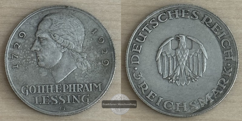  Deutschland.  Weimarer Republik 3 Reichsmark 1929 G Lessing   FM-Frankfurt  Feinsilber: 7,5g   