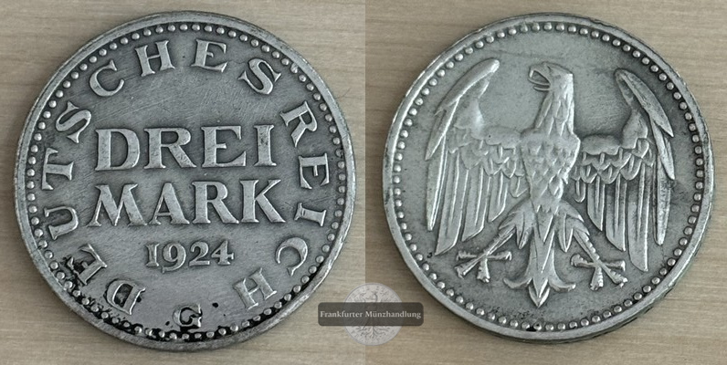  Deutschland, Weimarer Republik 1919-1933.  3 Mark 1924 G  FM-Frankfurt Feinsilber: 7,5g   