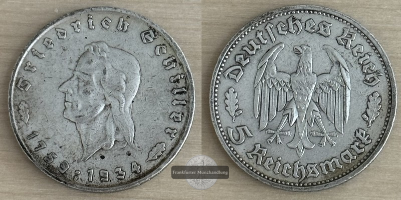  Deutschland, Drittes Reich.  2 Reichsmark 1934 175. Geburtstag Schiller  FM-Frankfurt  Feinsilber:5g   
