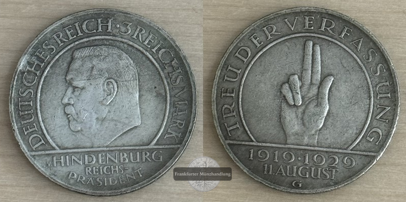  BRD, Weimarer Republik 3 Reichsmark 1929 G Weimarer Reichsverfassung FM-Frankfurt Feinsilber: 12,5   