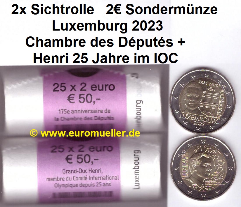 Luxemburg 2 Rollen 2 Euro Gedenkmünze 2023...Chambre und Henri   