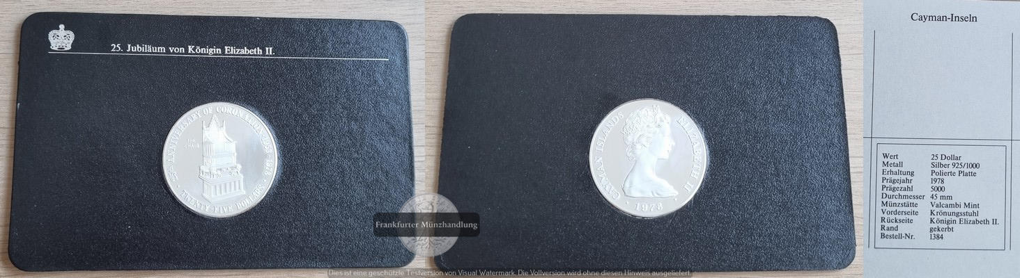  Cayman Inseln  25 Dollar, 1978  FM-Frankfurt  Feingewicht: 40,5g Silber  vorzüglich   