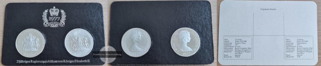  Cayman Inseln 2 x 25 Dollar, 1977  FM-Frankfurt  Feingewicht: 2x 47,50g= 95g Silber  vorzüglich   