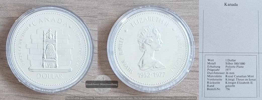  Canada 1 Dollar, 1977 Silver Jubilee FM-Frankfurt  Feingewicht: 11,66g Silber  vorzüglich   