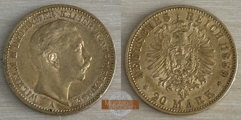 Dt. Kaiserreich. Preussen Wilhelm II. MM-Frankfurt Feingold: 7,17g 20 Mark 1889 A 